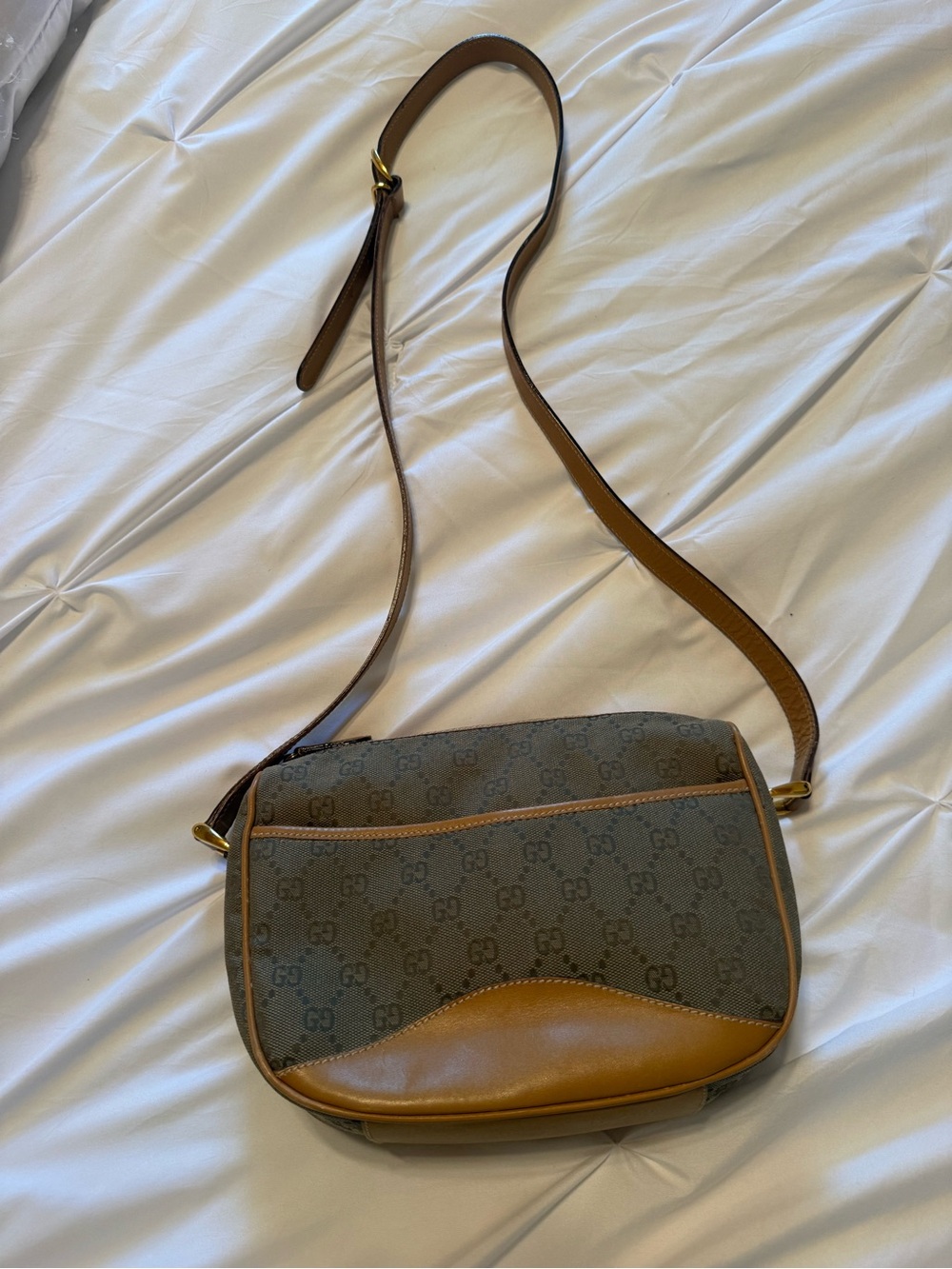 Gucci Brown Monogram Crossbody Bag with Tan Leather Trim